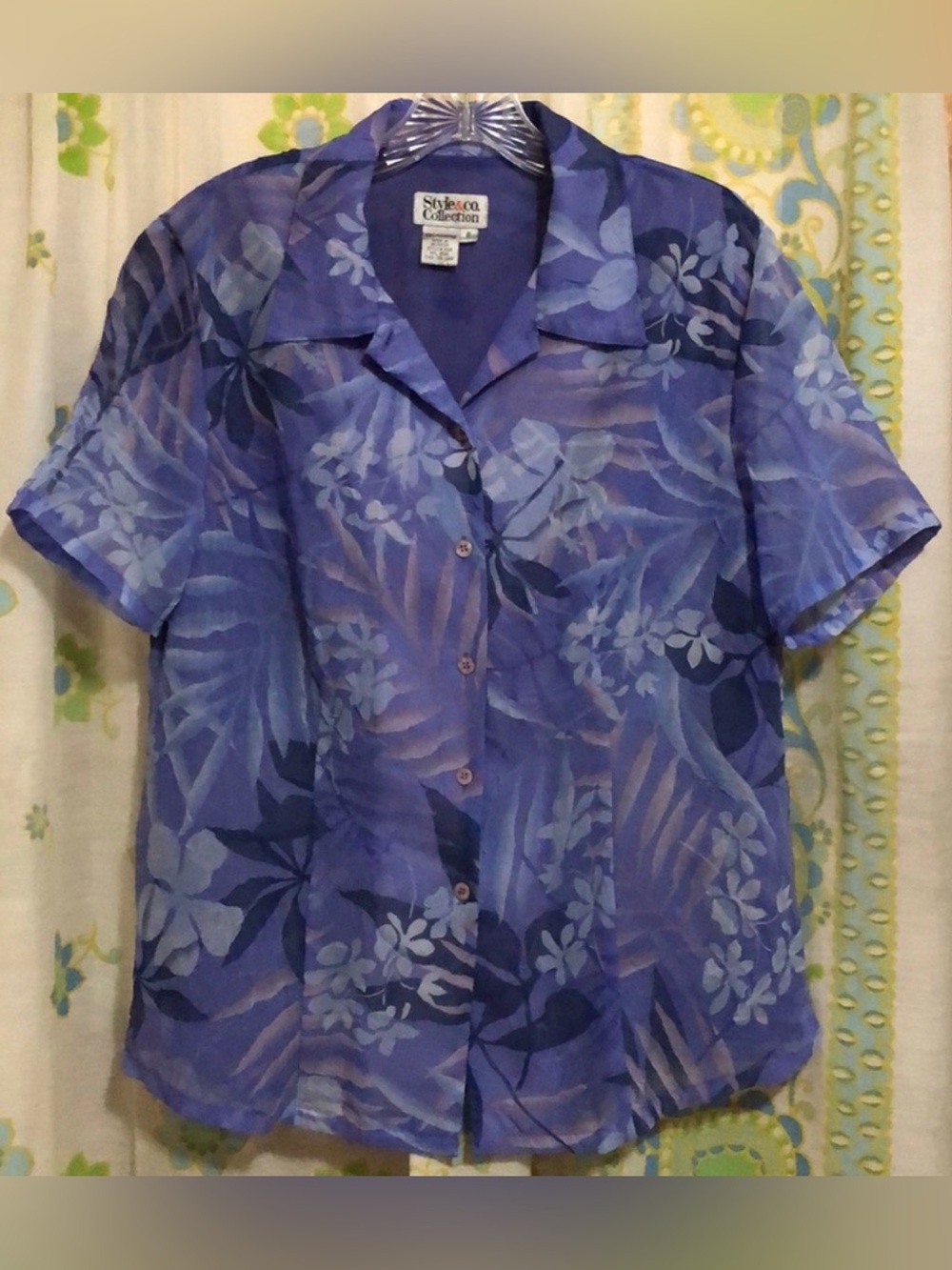 STYLE & Co. Lavender Floral Sheer Lined Short Sleeve Button Down Blouse Size 8
